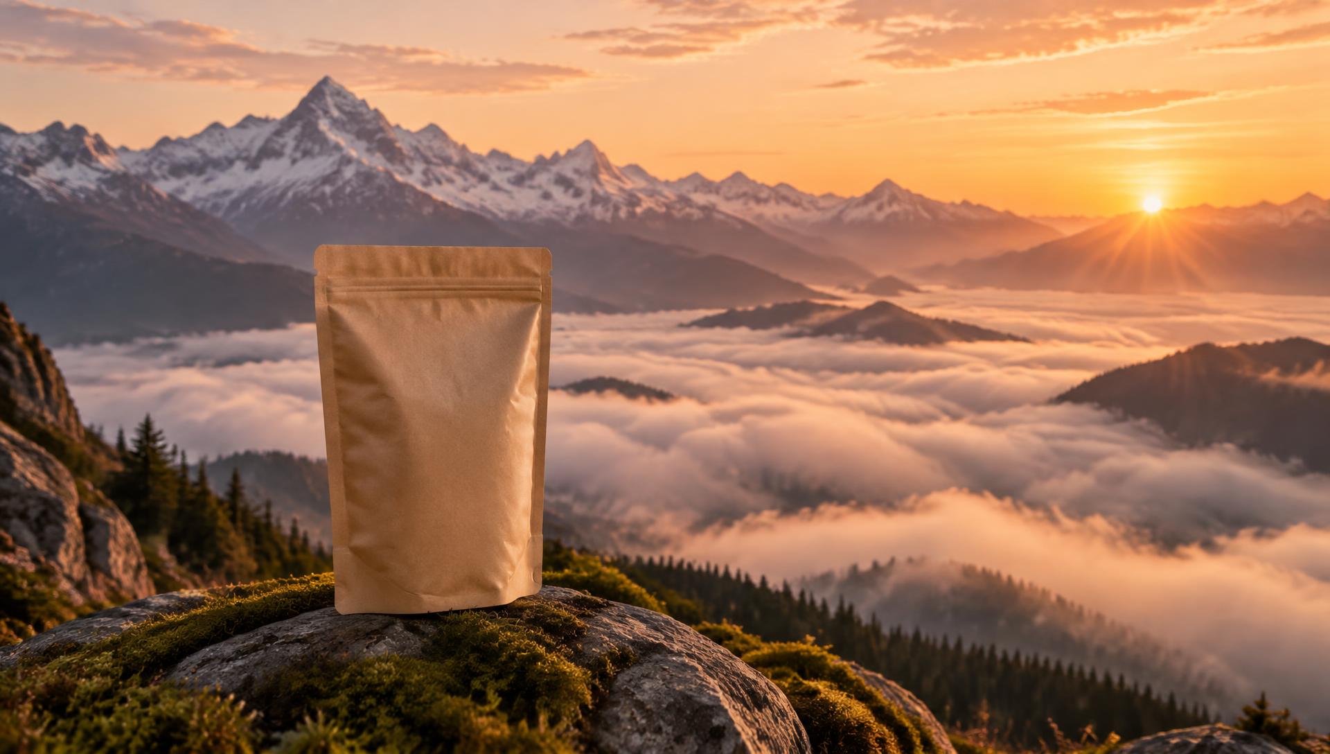 Sonnenaufgang über nebligen Alpen mit Kaffeepackung auf moosigem Fels